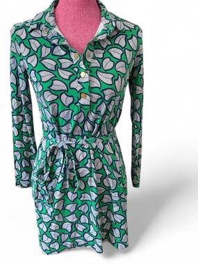 Green Leaf-Print Long-Sleeve Shirt Dress